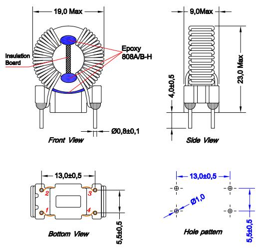 一般的なモードチョーク2x3.5MH定格：2.5a、最大SRF：1 kHz→300 MHz